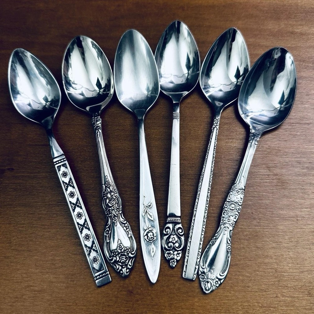 6 Mixed Vtg Stainless Flatware Teaspoons Oneida Mismatched Japan USA MCM